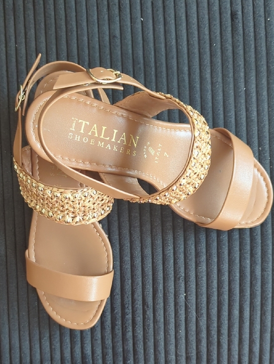 Italian Shoemakers Shoes - Italian Shoemakers Light Brown Woven Strap Sandals with Gold Accents Size 7